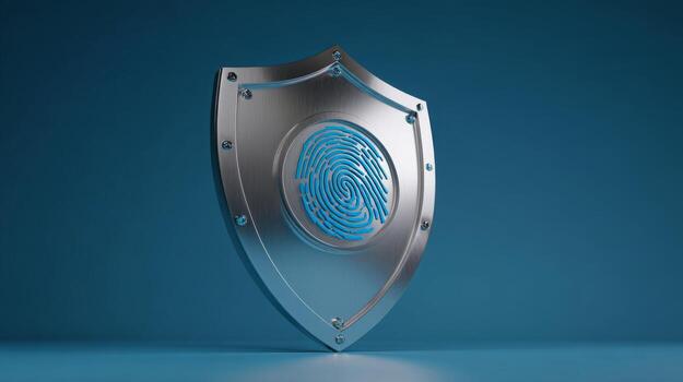 Stylized silver shield featuring a blue fingerprint, symbolizing security and identity protection. photo