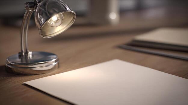 A cozy workspace featuring a desk lamp illuminating a blank sheet of paper, creating a warm and inviting atmosphere. photo