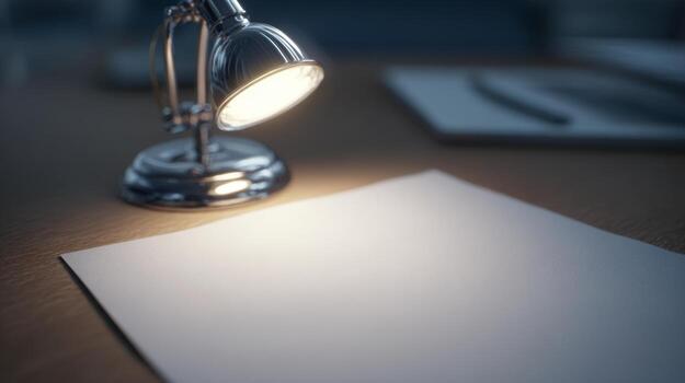 A sleek, silver desk lamp illuminates a blank sheet of paper on a wooden surface, creating a serene and focused atmosphere. photo