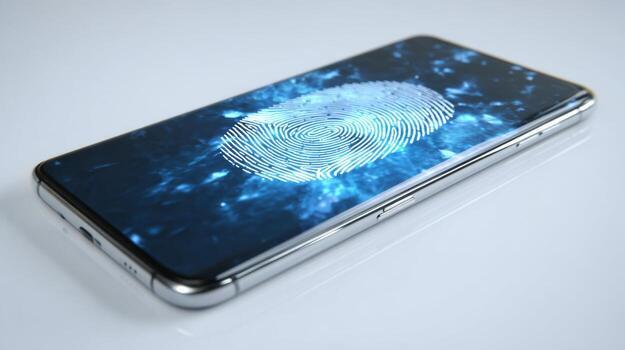 A modern smartphone displaying a blue biometric fingerprint scanner on its screen, symbolizing security and technology. photo