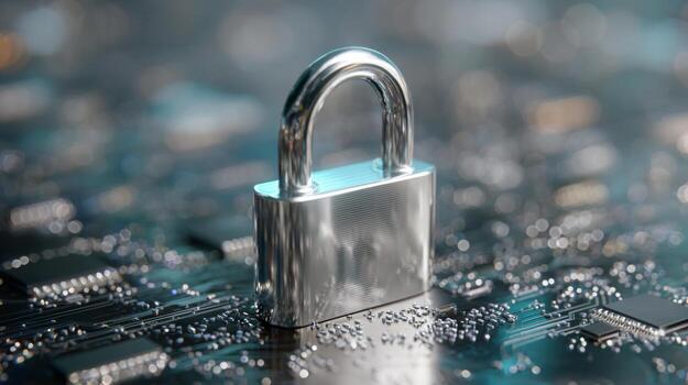 A silver padlock on a circuit board background, symbolizing security and data protection in the digital age. photo