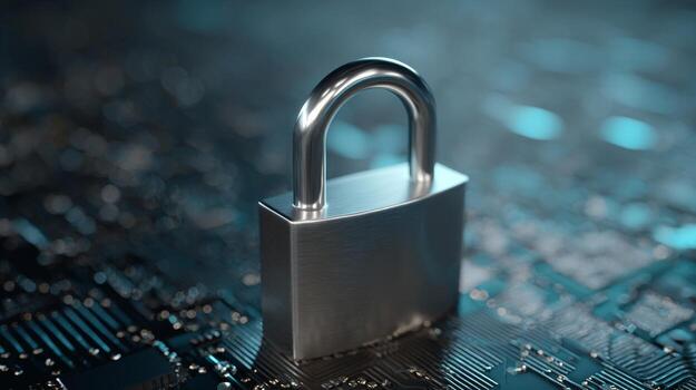A shiny silver padlock stands prominently on a dark circuit board, symbolizing digital security and data protection. photo