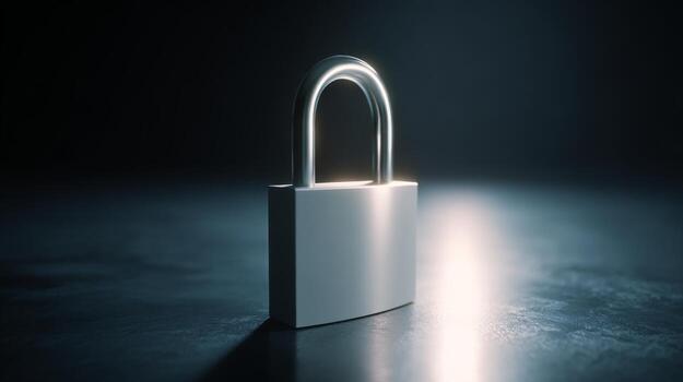 A sleek, silver padlock stands prominently against a dark, moody background, symbolizing security and protection. photo