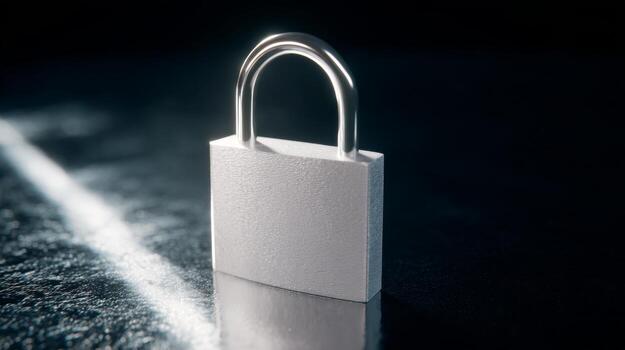 A shiny silver padlock stands on a reflective surface, casting a sleek shadow against a dark background. photo
