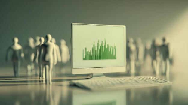 A conceptual scene featuring a computer displaying data analytics amidst a crowd of faceless figures, symbolizing the fusion of technology and society. photo