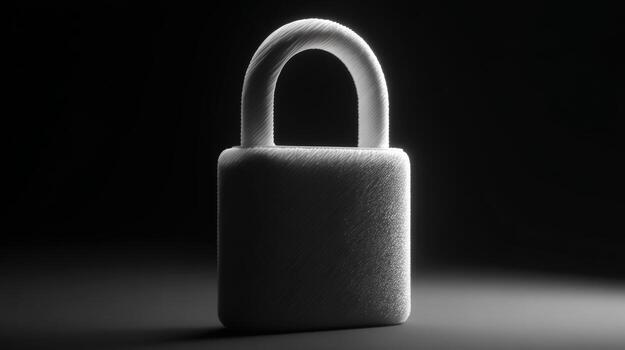 A minimalist white padlock, symbolizing security and safety, stands out in a dark setting with soft lighting. photo