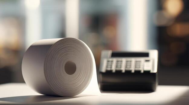 Close-up of a roll of receipt paper with a black payment terminal in the background, creating a modern retail vibe. photo