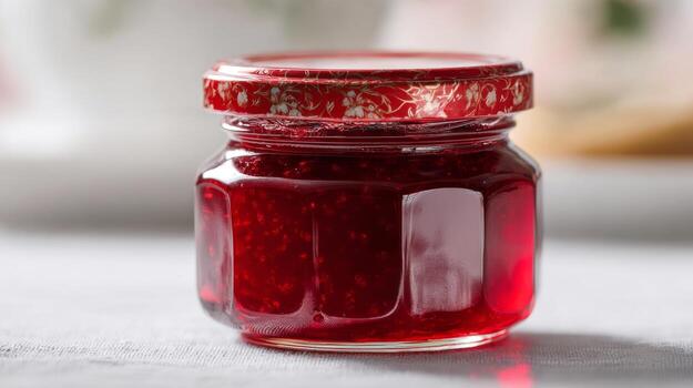 A glass jar filled with vibrant red raspberry jam, topped with a decorative lid, resting on a softly textured surface. photo