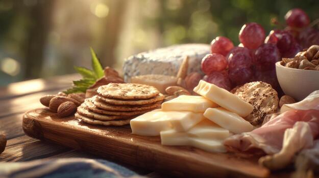 A beautifully arranged cheese platter with assorted cheeses, crackers, grapes, and nuts on a wooden board, inviting and delicious. photo