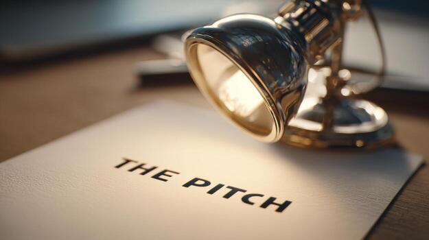 A focused shot of a document titled 'The Pitch' illuminated by a vintage desk lamp, set in a professional workspace. photo