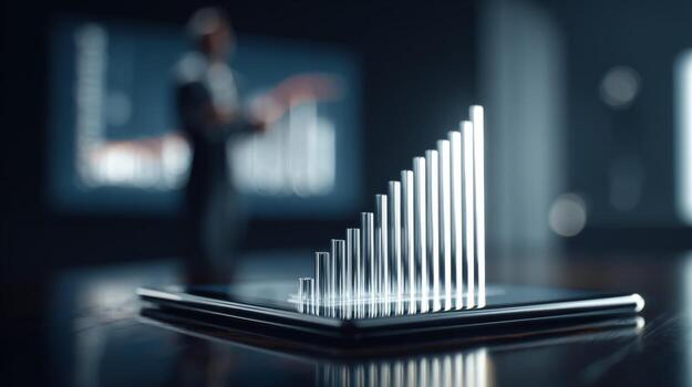 A man in a suit stands behind a digital tablet displaying a 3D bar chart, reflecting innovation and growth in a modern business setting. photo