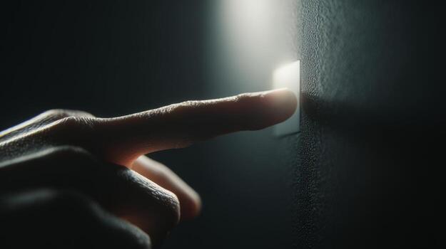 A close-up of a hand pressing a light switch, casting a soft glow against a dark wall. photo