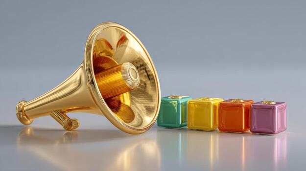 A shiny golden megaphone rests beside colorful toy blocks, creating a vibrant and playful composition. photo