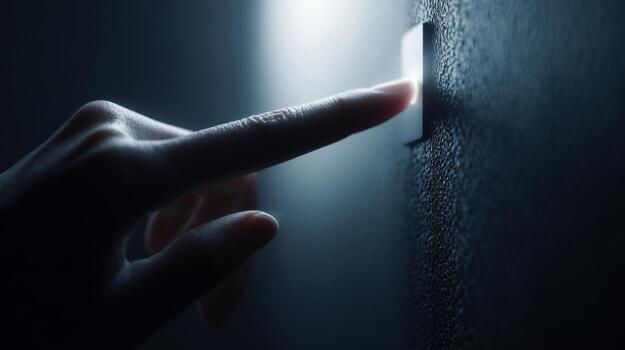 A close-up of a hand about to activate a light switch in a dark room, conveying anticipation and focus. photo
