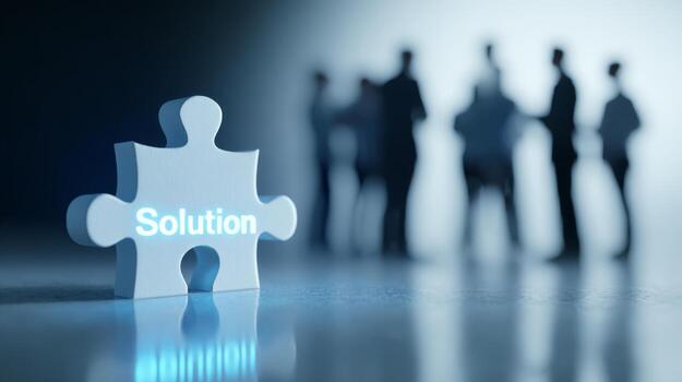 A white puzzle piece with 'Solution' inscribed, in foreground, contrasting against a blurred group of people in discussion in the background. photo