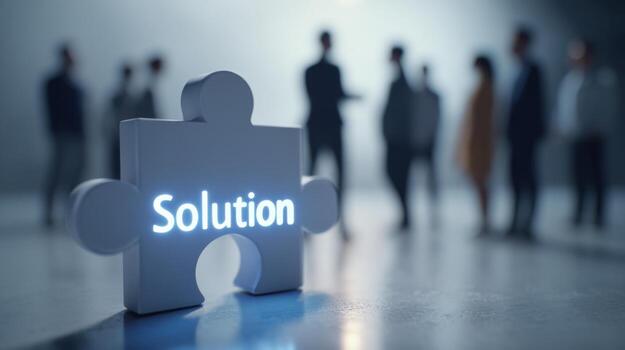 A glowing puzzle piece labeled 'Solution' in focus, with blurred figures in the background representing teamwork or collaboration. photo