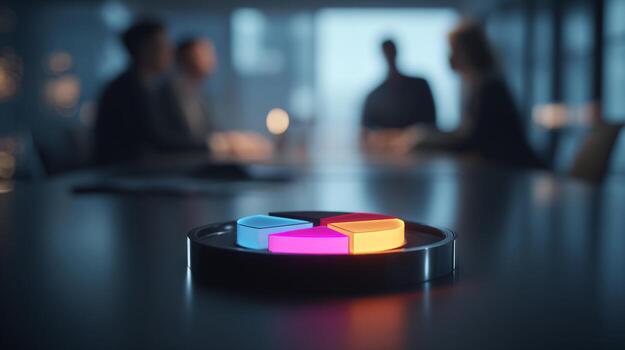 A colorful data visualization tool on a conference table, surrounded by engaged professionals discussing in a modern office setting. photo