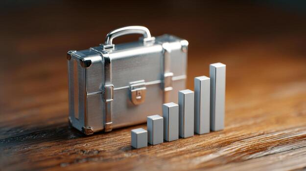 A metallic briefcase sits next to ascending bar graphs, symbolizing business growth and success. photo