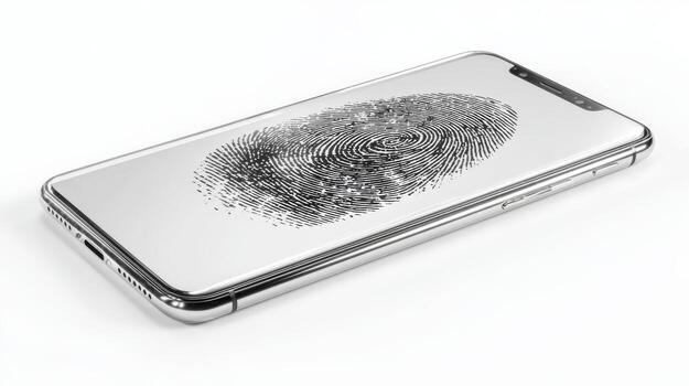 A sleek smartphone displaying a fingerprint pattern on its screen, showcasing the blend of technology and security. photo