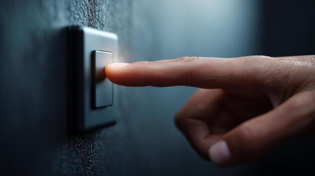 A close-up of a hand, illuminated by the glow of a light switch being turned on in a dimly lit room. photo