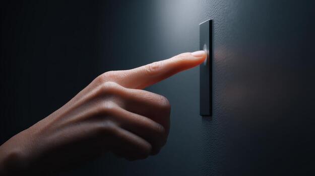 A close-up of a hand pressing a sleek light switch against a softly lit background. photo