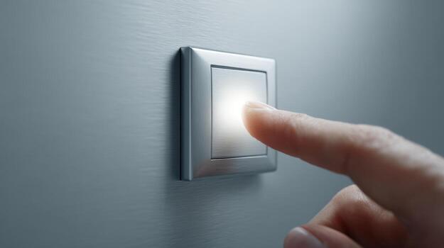 A close-up of a hand pressing a metallic light switch, activating soft ambient light. photo