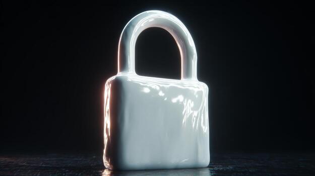 A glossy white padlock stands prominently against a dark background, symbolizing security and protection. photo