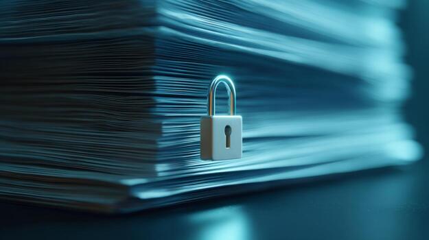 A close-up of a padlock on a stack of documents, symbolizing security and confidentiality in paperwork. photo