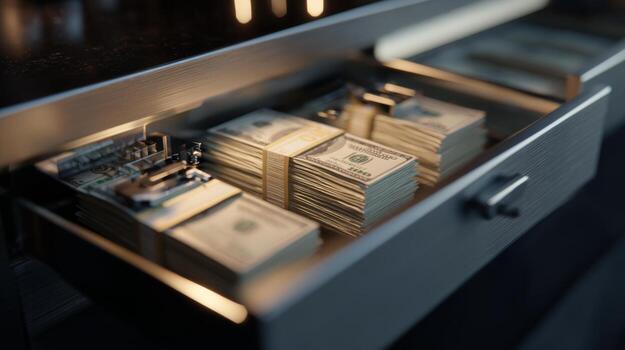 A close-up of an open drawer filled with neatly stacked bundles of cash, creating a feeling of wealth and secrecy. photo