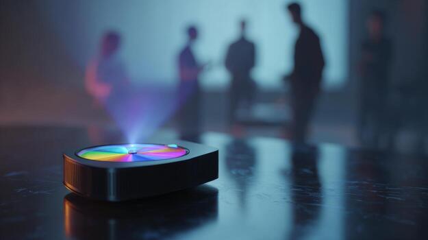 A modern LED projector emits colorful light in a dimly lit room, with people engaged in conversation in the background. photo