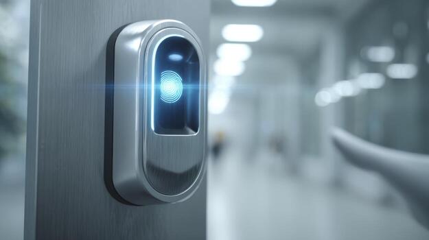 Close-up of a modern biometric fingerprint scanner in a sleek, high-tech environment. photo