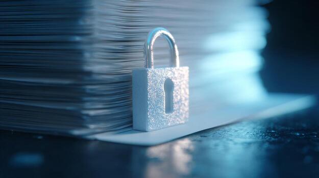 A shiny padlock securely rests on a stack of documents, symbolizing protection and confidentiality in data management. photo