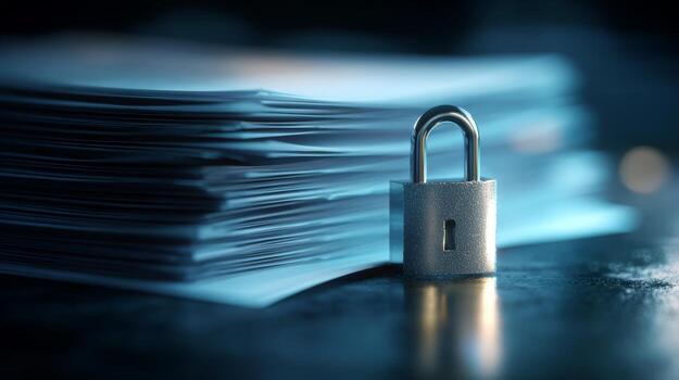 A silver padlock securing a stack of documents, symbolizing data protection and security. photo