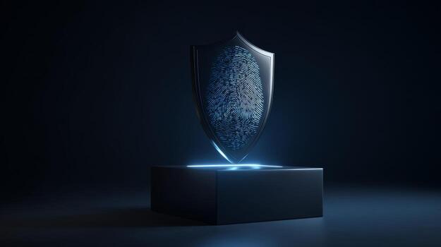 A modern shield with a glowing fingerprint design symbolizes security and identity protection in the digital age. photo