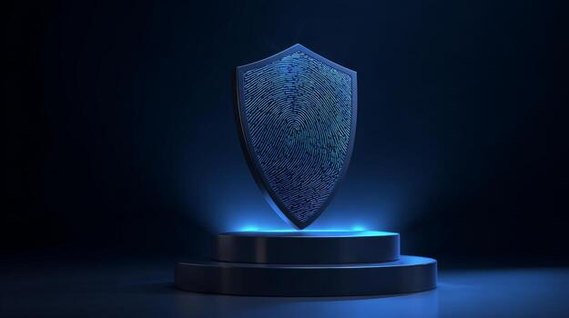 A modern security concept featuring a shield adorned with a fingerprint design, symbolizing protection and digital safety. photo