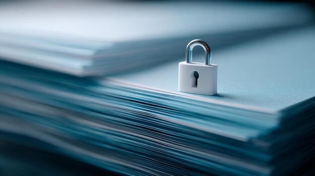 A white padlock placed on a stack of blue paper, symbolizing security and confidentiality in documentation. photo