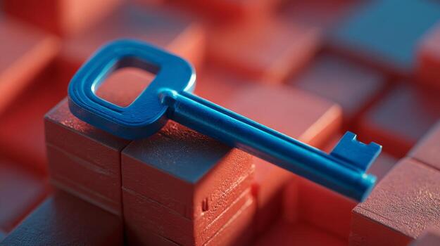 A vibrant blue key rests atop a stack of bright red blocks, symbolizing security and access. photo
