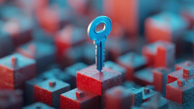 A blue key stands prominently atop a mound of red and blue geometric shapes, symbolizing access and solutions in a digital world. photo