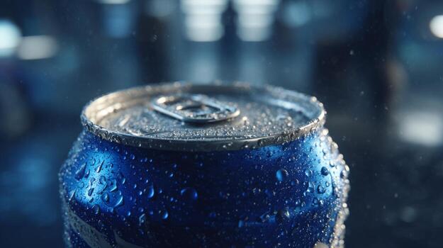 Close-up of a cold, sweat-covered beverage can with droplets. The blue metallic surface shines against a blurred background. photo