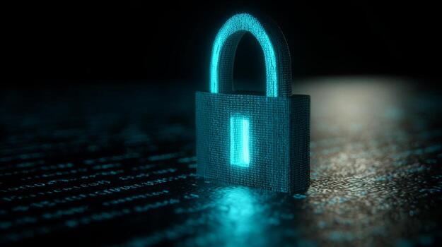 A glowing, futuristic padlock against a backdrop of binary code, symbolizing digital security and data protection. photo