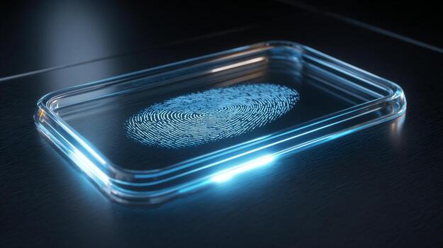 A vibrant blue holographic fingerprint displayed on a sleek glass panel, symbolizing security and identity verification. photo