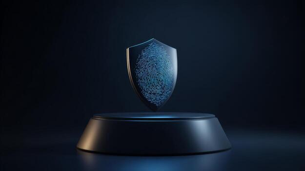 A 3D shield featuring a fingerprint design, symbolizing security and protection in a modern, digital environment. photo