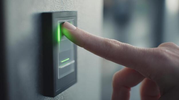 A close-up of a finger pressing a biometric scanner, highlighting security technology in modern applications. photo