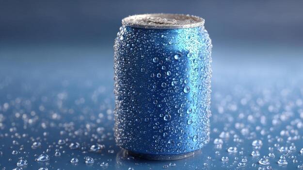 A close-up of a refreshing blue beverage can, covered in droplets of water, against a soft blue background. photo