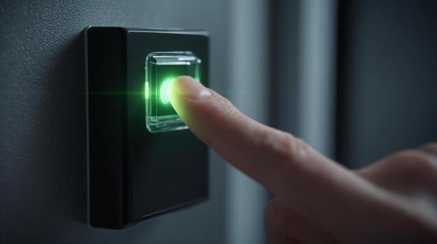 A close-up of a human finger pressing a green-lit biometric fingerprint scanner, symbolizing security and technology. photo