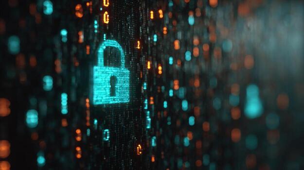 A glowing padlock icon amidst a matrix of code symbols, symbolizing digital security and encryption. photo