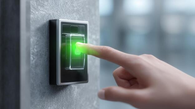 Close-up of a hand pressing a biometric fingerprint scanner, showcasing modern technology and secure access. photo