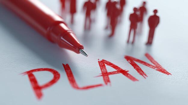 A close-up of the word 'PLAN' written in red ink, with silhouettes of people in the blurred background, symbolizing strategy and teamwork. photo