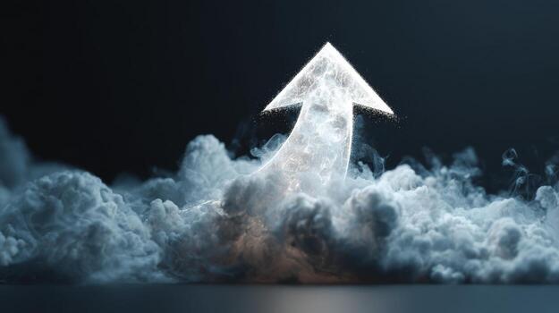 A glowing upward arrow emerges from dense smoke, symbolizing growth and aspiration in a dramatic, dark setting. photo