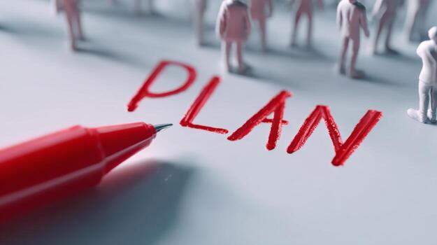 A close-up of the word 'PLAN' written in red, with abstract figures in the background, symbolizing strategic thinking and teamwork. photo